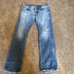 Blue Straight Jeans with Faded Worn-In Look